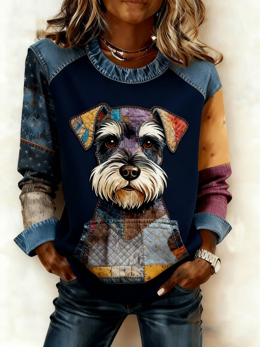 Women's Art Dog Denim Patchwork Sweatshirt