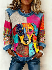 Women's Art Dog Denim Patchwork Sweatshirt