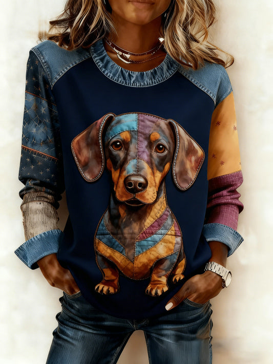 Women's Art Dog Denim Patchwork Sweatshirt