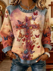 Women's Butterflies Faith Cross Art Denim Patchwork Top