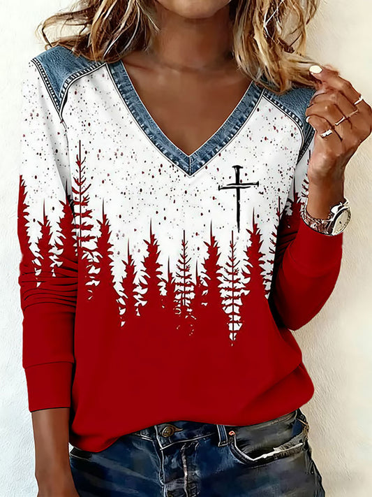 Women's Christmas Cross Print Casual Top