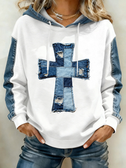 Women's Denim Patchwork Art Cross Pattern Drawstring Hoodie