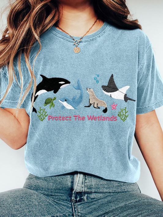 Women's Protect The Wetlands Embroidery Pattern T-Shirt