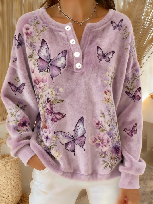 Women‘s Purple Floral Butterfly Pattern Cozy long-sleeve flannel cardigan