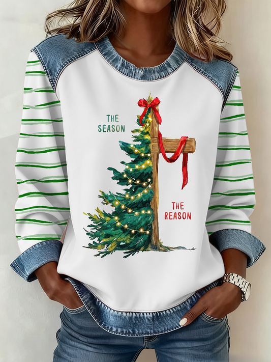 Women's The Season Christmas Tree And Cross Denim Patchwork Top