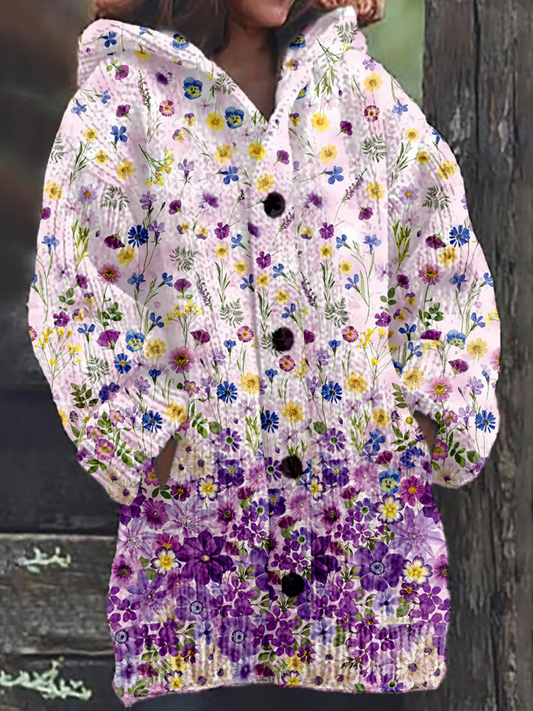 Women's Retro Purple Printed Composite Fleece Long Coat