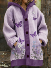 Women's Retro Purple Printed Composite Fleece Long Coat