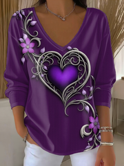 Women's Vintage Purple Floral Art Print V-Neck T-Shirt