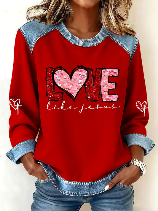 Women's Valentine's Day Love Like Jesus Denim Patchwork Top