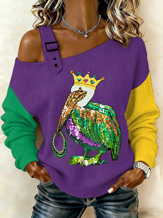 Women's Mardi Gras Pelican Print Casual Off-Shoulder Top