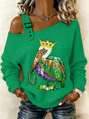 Women's Mardi Gras Pelican Print Casual Off-Shoulder Top