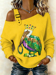 Women's Mardi Gras Pelican Print Casual Off-Shoulder Top