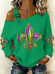 Women's Mardi Gras Fleur De Lis Print Casual Off-Shoulder Top