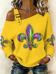 Women's Mardi Gras Fleur De Lis Print Casual Off-Shoulder Top