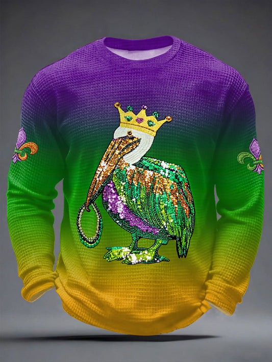 Men's Mardi Gras Pelican Print Casual Waffle Long Sleeve T-Shirt
