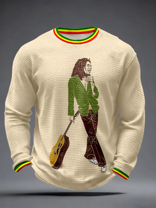 Men's Reggae Music Inspired Print Waffle Long-Sleeve Top