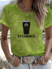 Women's St. Patrick’s Day Funny Beer Vitamin G Printed Short Sleeve T-shirt