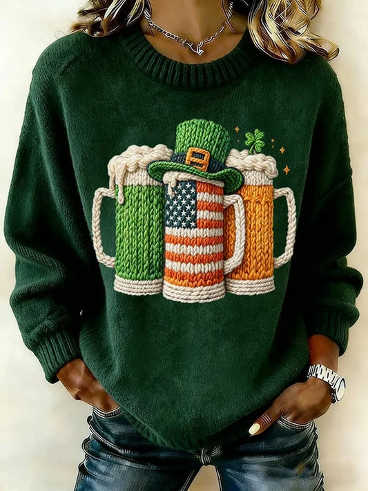 Women's St. Patrick's Day Shamrock Beer Art Printed Crew Neck Sweater