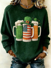 Women's St. Patrick's Day Shamrock Beer Art Printed Crew Neck Sweater