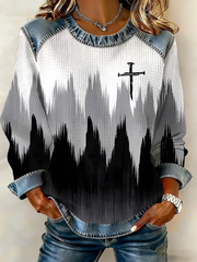 Women's Faith Print Denim Patchwork Top