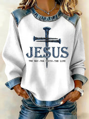 Women's Jesus The Way The Truth The Life Cross Denim Waffle Patchwork Top