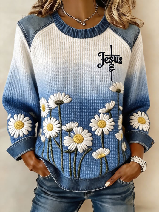 Women's Jesus Cross Flowers Denim Patchwork Top