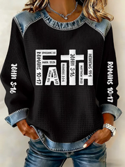 Women's Faith Printed Denim Patchwork Top