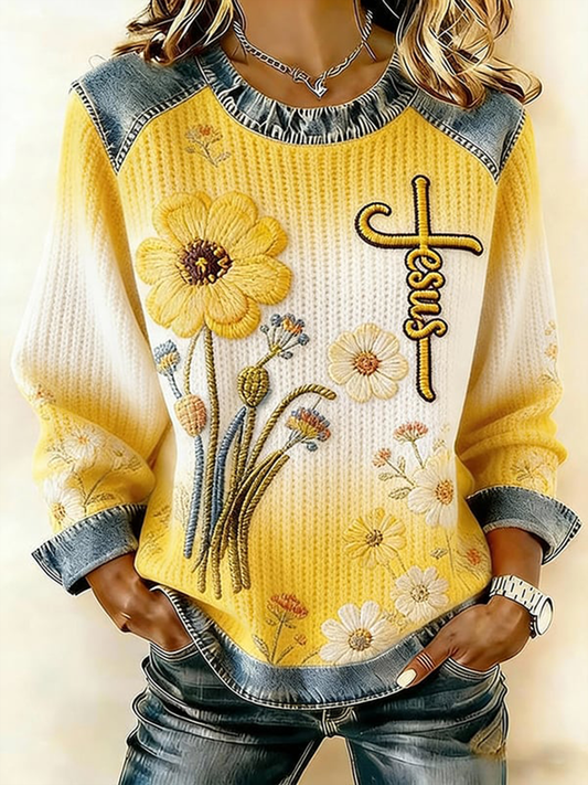 Women's Jesus Cross Flowers Denim Patchwork Top