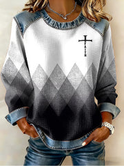 Women's Faith Cross Denim Waffle Patchwork Top