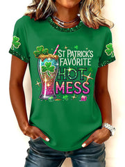 Women's St. Patrick's Favorite Hot Mess Shamrock Print O-Neck Short Sleeve T-shirt
