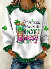 Women's St. Patrick's Favorite Hot Mess Shamrock Waffle Patchwork Top