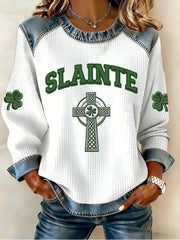 Women's St. Patrick's Day Sláinte Celtic Knot Shamrock Print Waffle Patchwork Top
