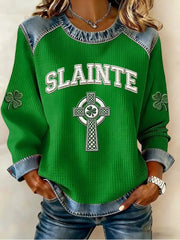 Women's St. Patrick's Day Sláinte Celtic Knot Shamrock Print Waffle Patchwork Top