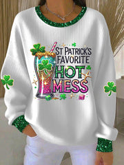 Women's St. Patrick's Favorite Hot Mess Shamrock Ribbed Round-Neck Sweatshirt