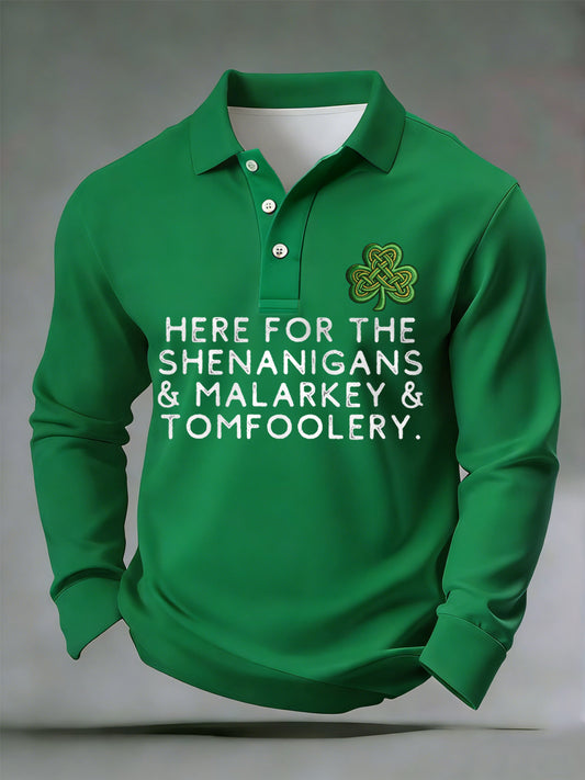 Men's Funny St. Patrick's Day Here For The Shenanigans Malarkey Tomfoolery Shamrock Print Casual Long-Sleeve Top