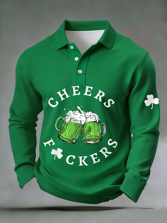 Men's Funny St. Patrick's Day Cheers F*ckers Green Beer Shamrock Print Casual Long-Sleeve Top