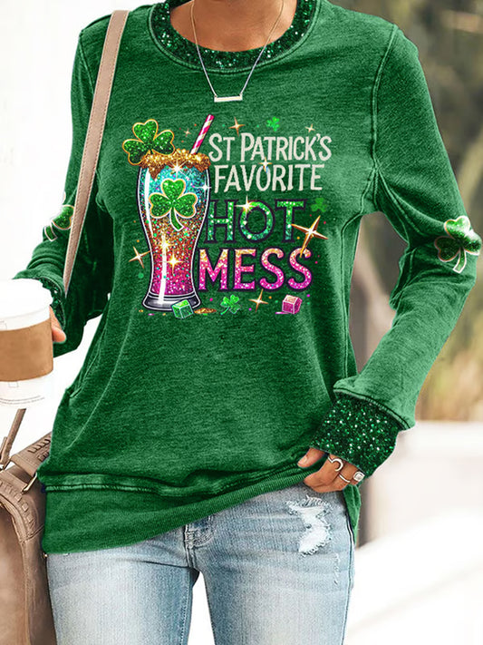 Women's St Patrick's Day Hot Mess Shamrock Art Print Round Neck Sweatshirt