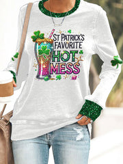 Women's St Patrick's Day Hot Mess Shamrock Art Print Round Neck Sweatshirt