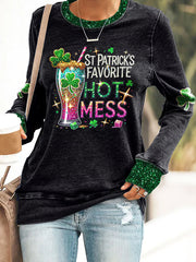 Women's St Patrick's Day Hot Mess Shamrock Art Print Round Neck Sweatshirt