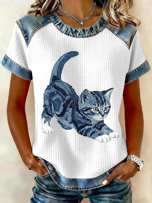 Women's Lovely Cat Pattern Denim Patchwork Top