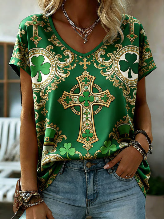 Women's St. Patrick's Day Printed V-neck T-shirt