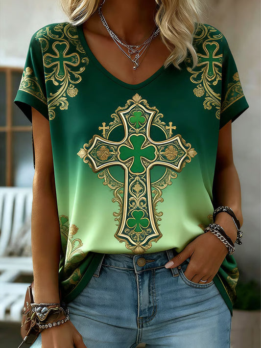 Women's St. Patrick's Day Printed V-neck T-shirt