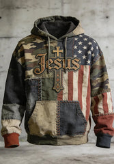 Men's Vintage Christian Jesus Cross Drop-Shoulder Hoodie with Pockets