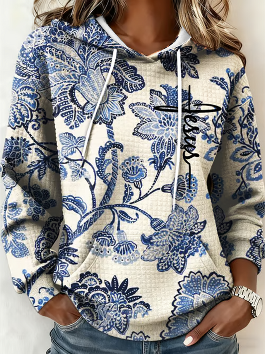 Women's Vintage Faith Print large-sized hooded sweatshirt