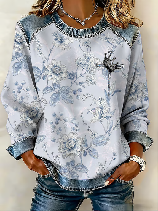 Women's Faith Art Printed Denim Patchwork Top