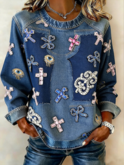 Women's Faith Cross Denim Patchwork Top