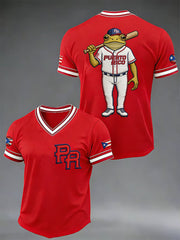 Men's Puerto Rico Baseball Print Casual V-Neck Tee
