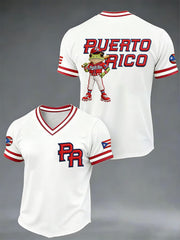 Men's Puerto Rico Baseball Print Casual V-Neck Tee