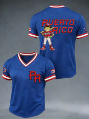 Men's Puerto Rico Baseball Print Casual V-Neck Tee