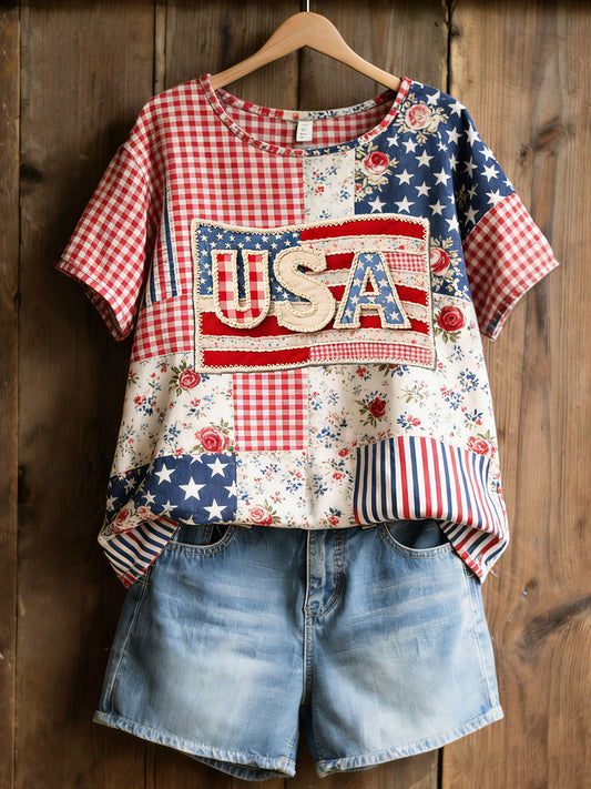 Women's American Floral Patchwork Print Casual T-Shirt